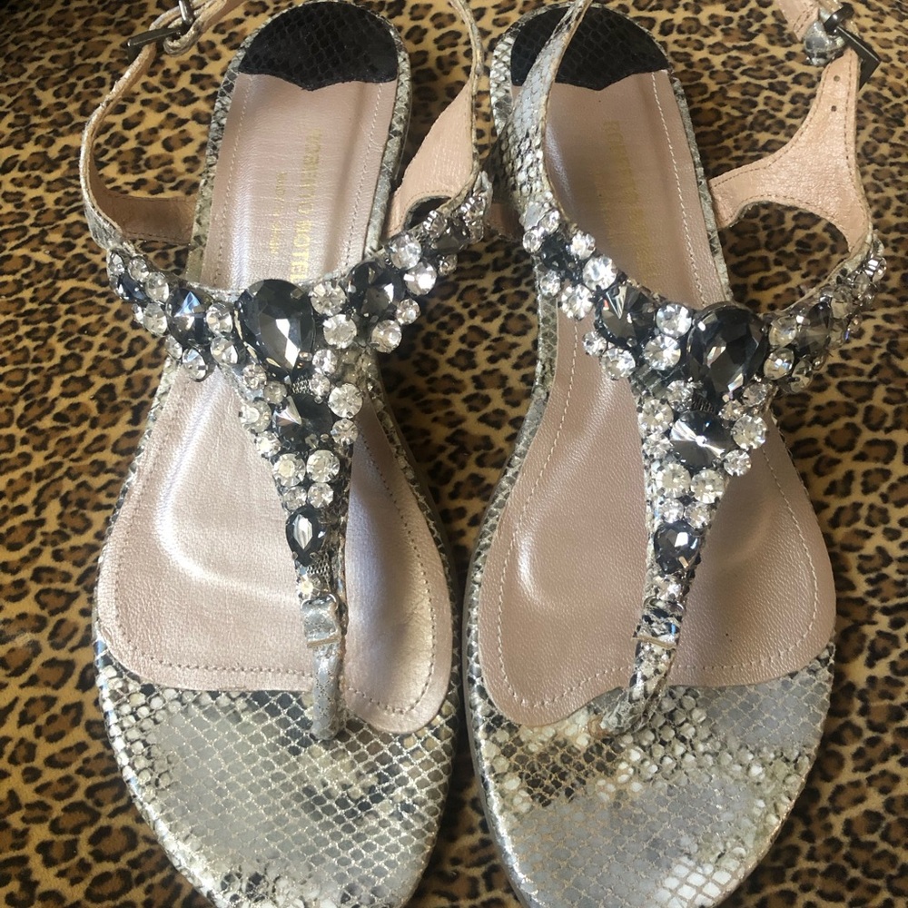 New Genuine Leather Snake Embossed Sandals with Crystals Embellishments